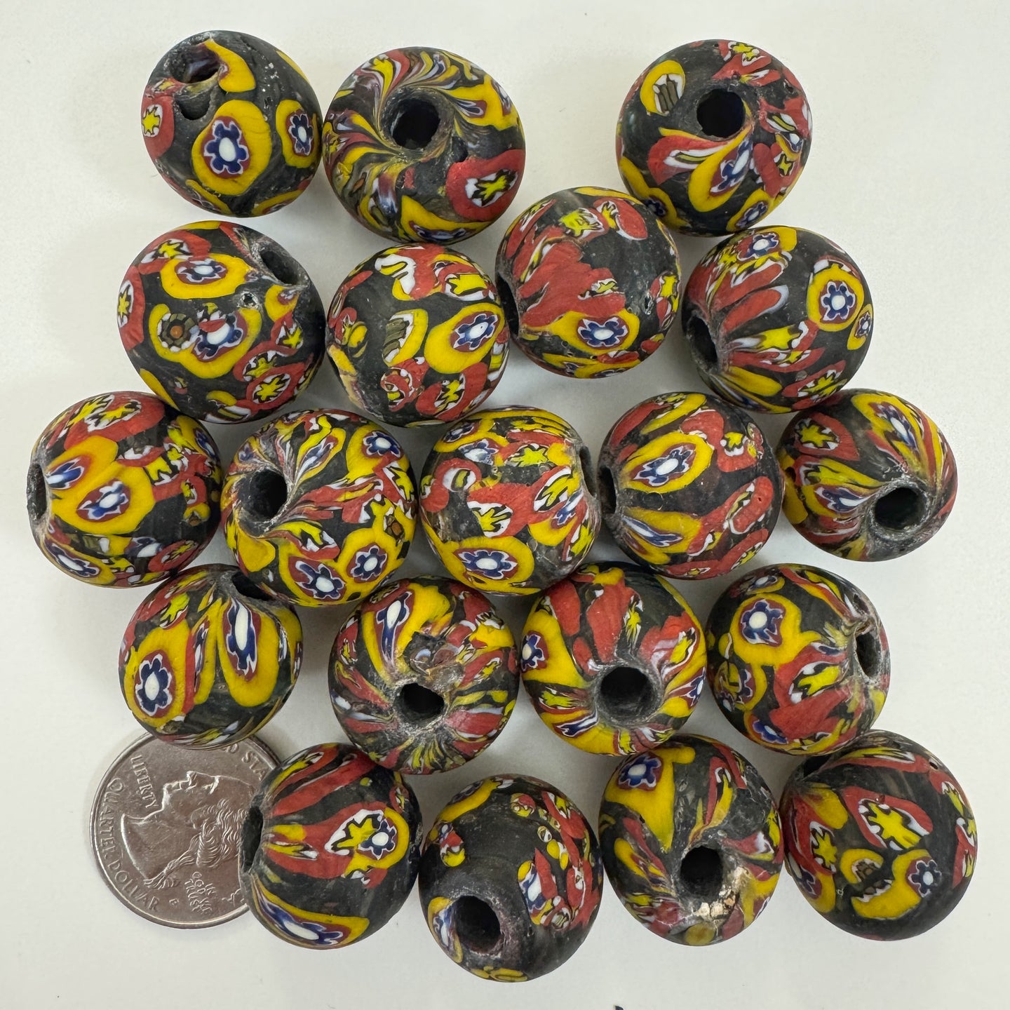 matte yellow red white blue black millefiori motif, vintage look glass, 19-20mm round mix, sold per bead