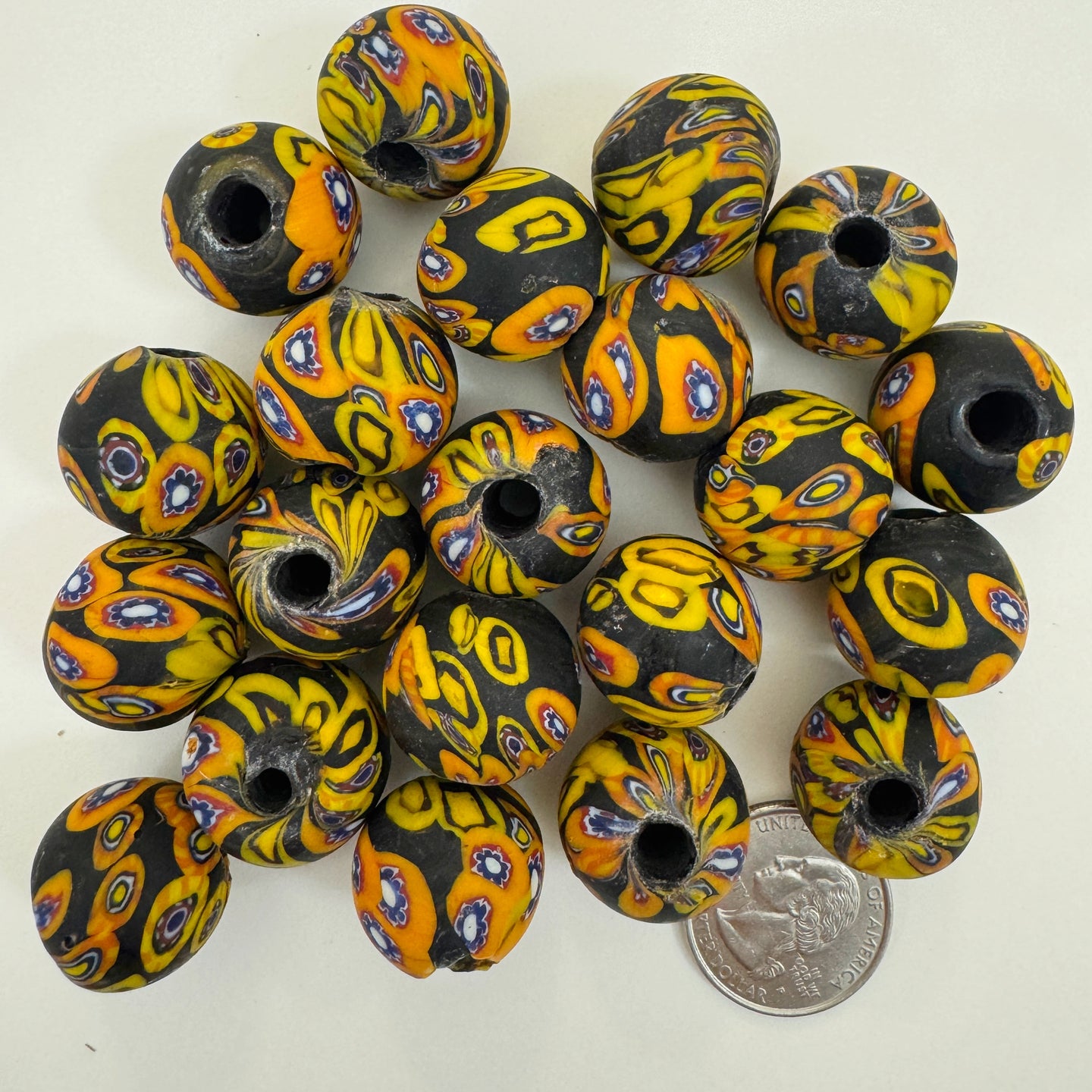 matte yellow orange red white blue black millefiori motif, vintage look glass, 19-20mm round mix, sold per bead