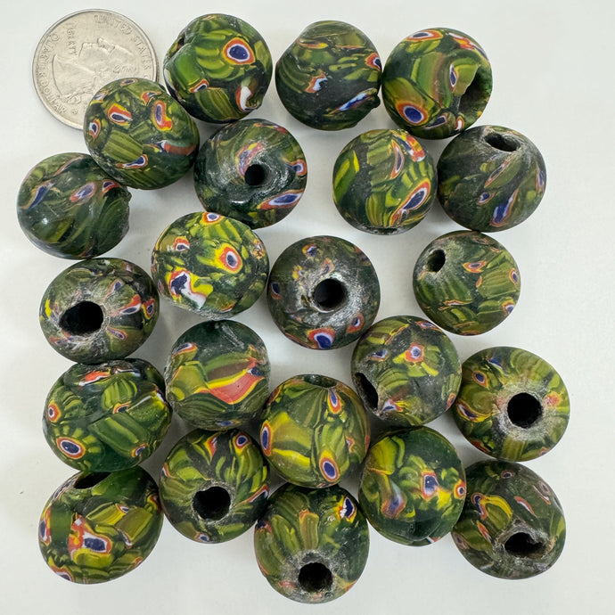 matte green yellow red white blue black millefiori motif, vintage look glass, 19-20mm round mix, sold per bead