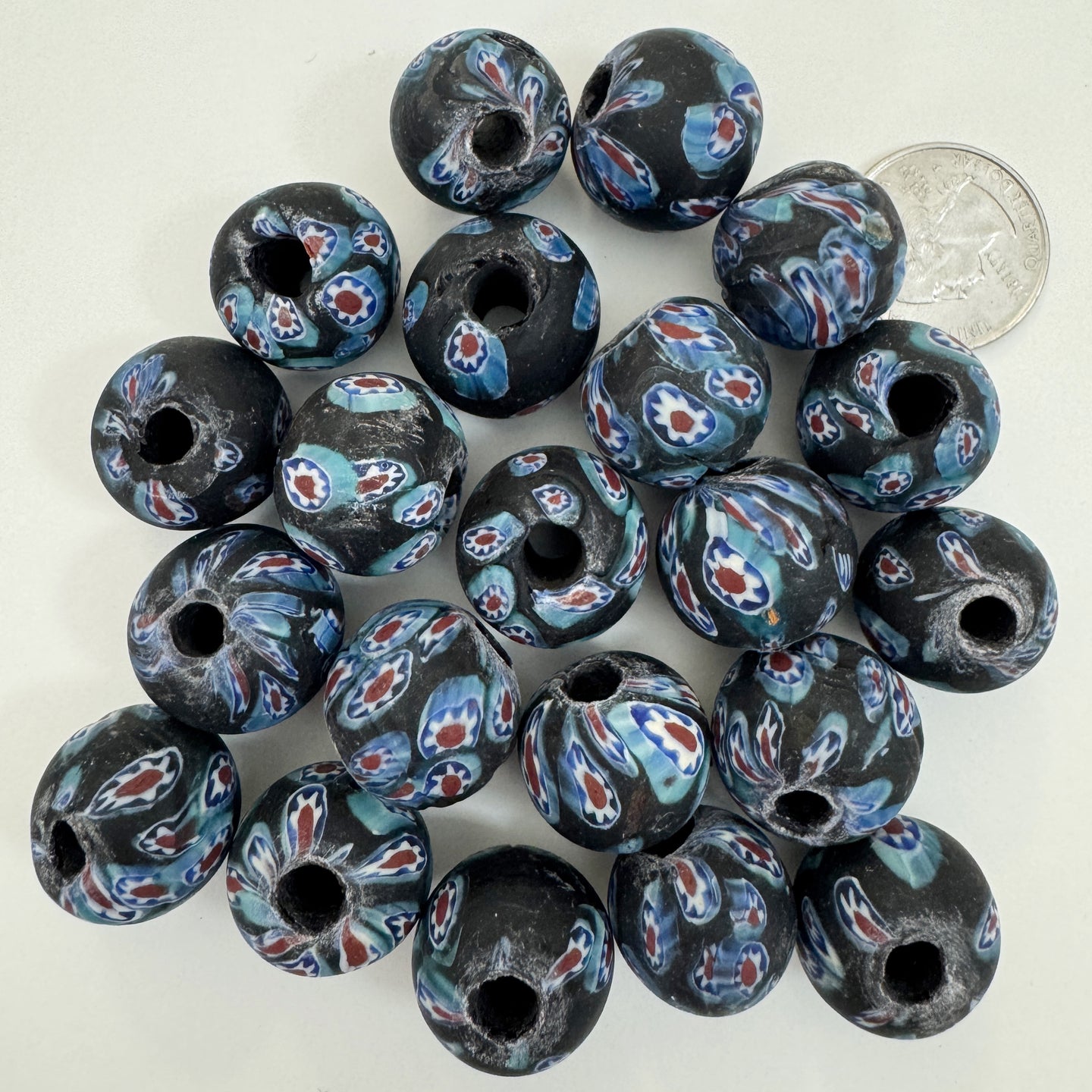 matte gray blue red white blue black millefiori motif, vintage look glass, 19-20mm round mix, sold per bead
