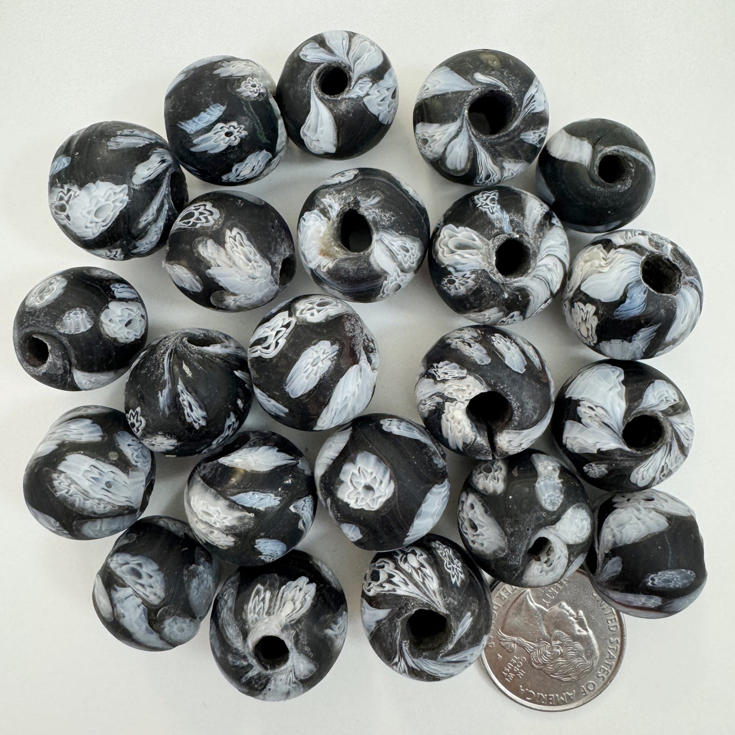 matte white black millefiori motif, vintage look glass, 19-20mm round mix, sold per bead