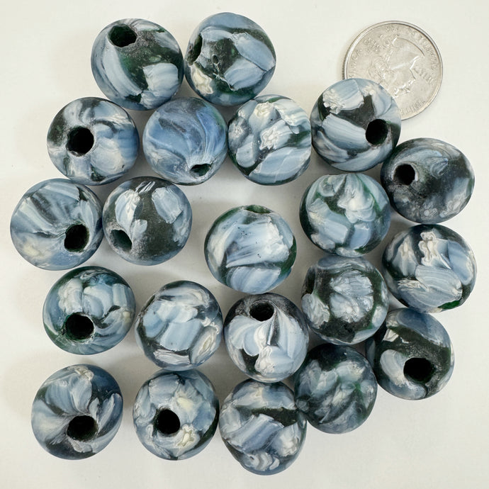 matte pale blue green white black millefiori motif, vintage look glass, 19-20mm round mix, sold per bead