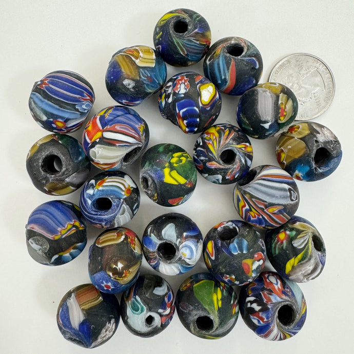 matte multi color black millefiori motif, vintage look glass, 19-20mm round mix, sold per bead