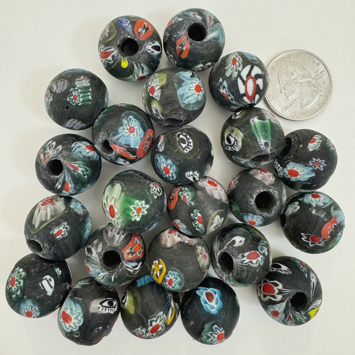 matte multi color black millefiori motif, vintage look glass, 18-20mm round mix, sold per bead