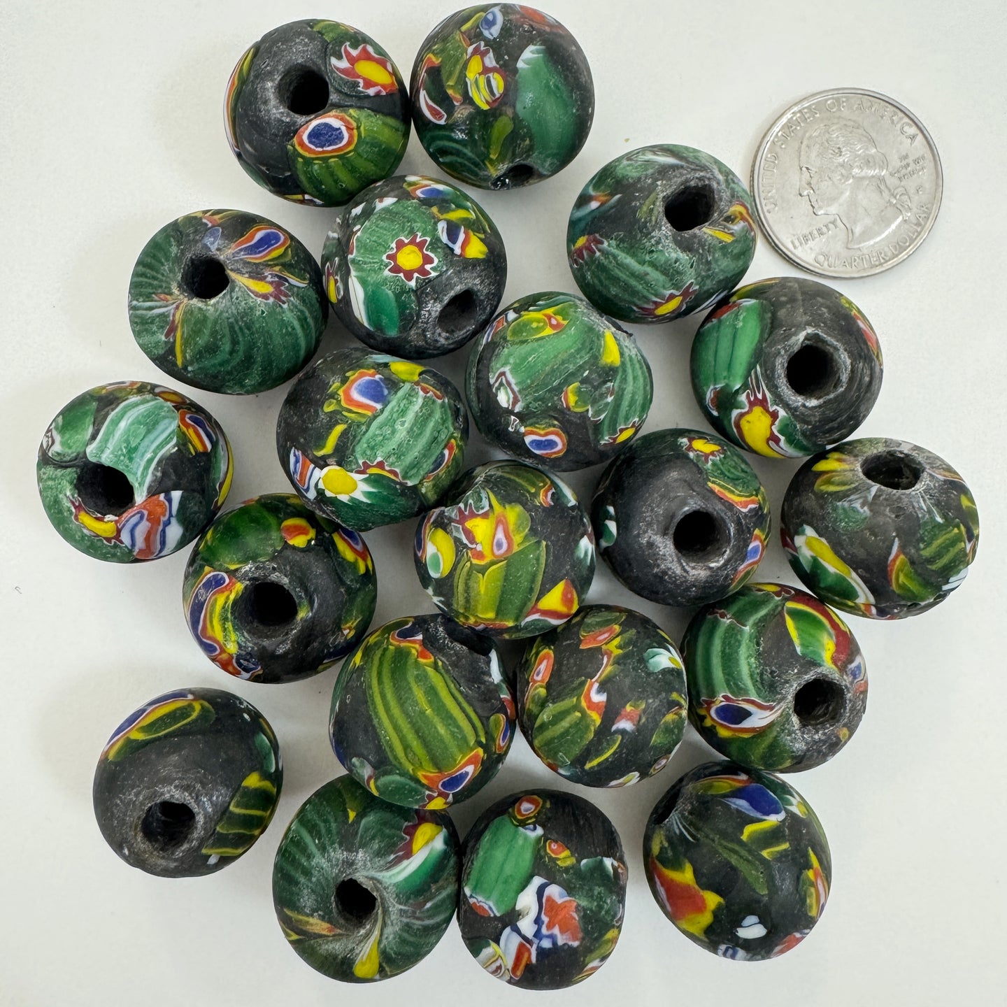 matte green yellow red white blue black millefiori motif, vintage look glass, 18-21mm round mix, sold per bead
