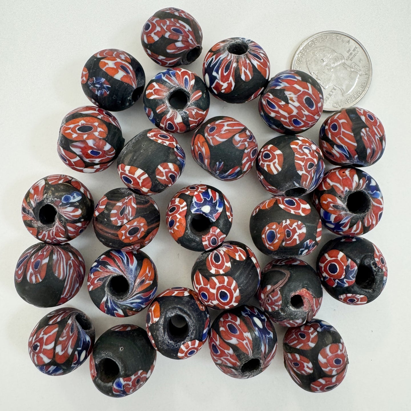 matte blue red white black millefiori motif, vintage look glass, 17-19mm round mix, sold per bead