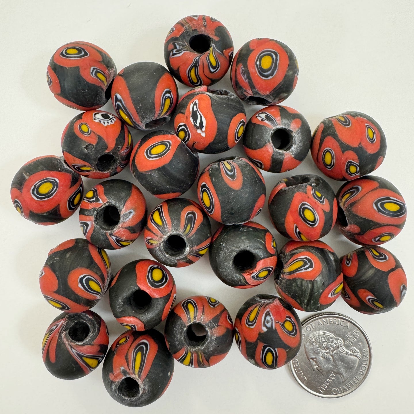 matte red yellow white black millefiori motif, vintage look glass, 17-18mm round mix, sold per bead