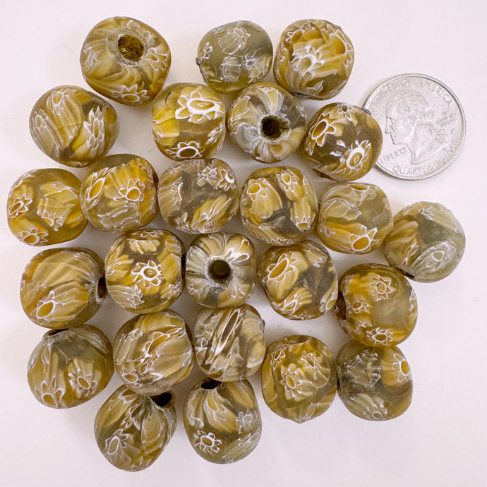 matte pale amber khaki white millefiori motif, vintage look glass, 17mm nugget round mix, sold per bead