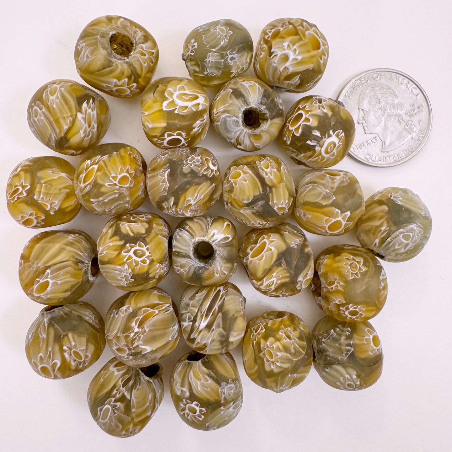 matte pale amber khaki white millefiori motif, vintage look glass, 17mm nugget round mix, sold per bead
