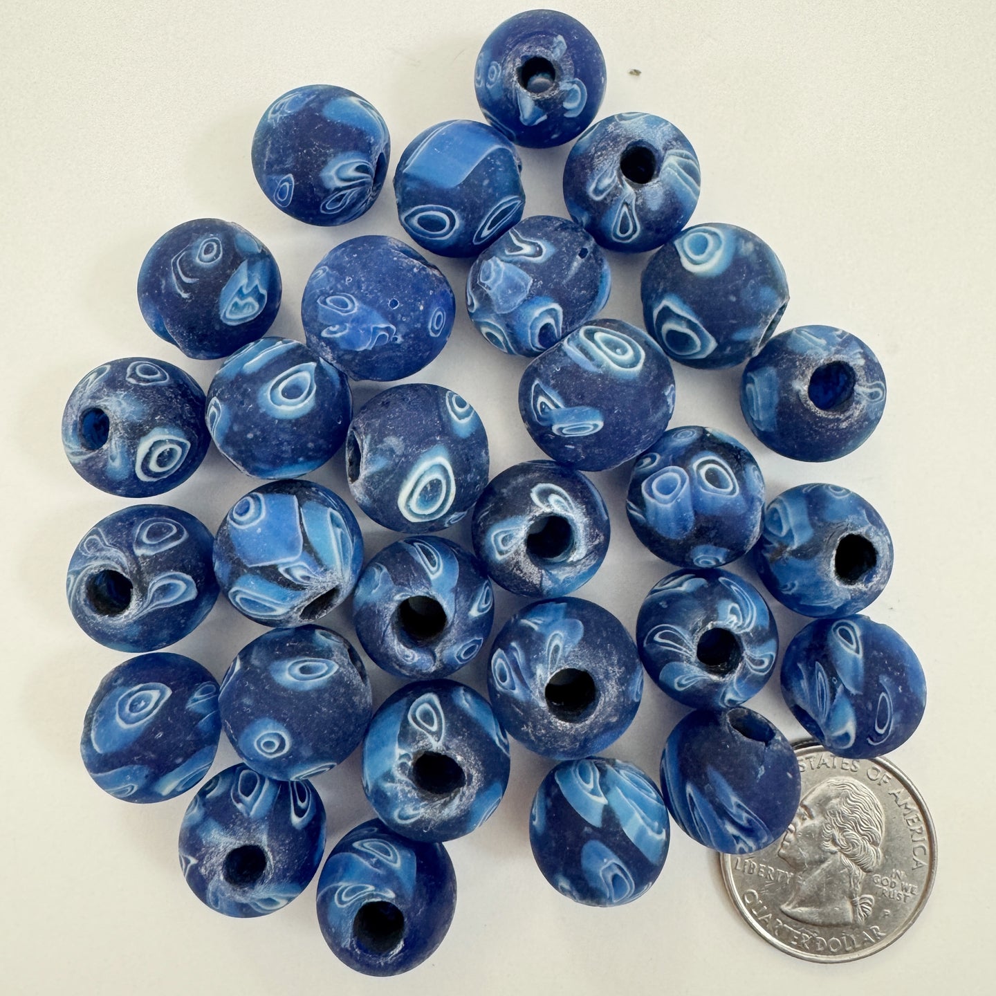 matte dark electric blue white millefiori motif, vintage look glass, 16mm round mix, sold per strand