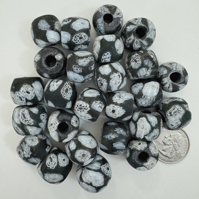 matte white black millefiori motif, vintage look glass, 17x15mm rondelle mix, sold per bead