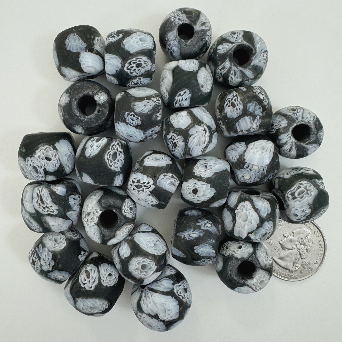 matte white black millefiori motif, vintage look glass, 17x15mm rondelle mix, sold per bead