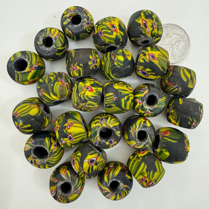 matte yellow green red white blue black millefiori motif, vintage look glass, 19x16mm rondelle mix, sold per bead