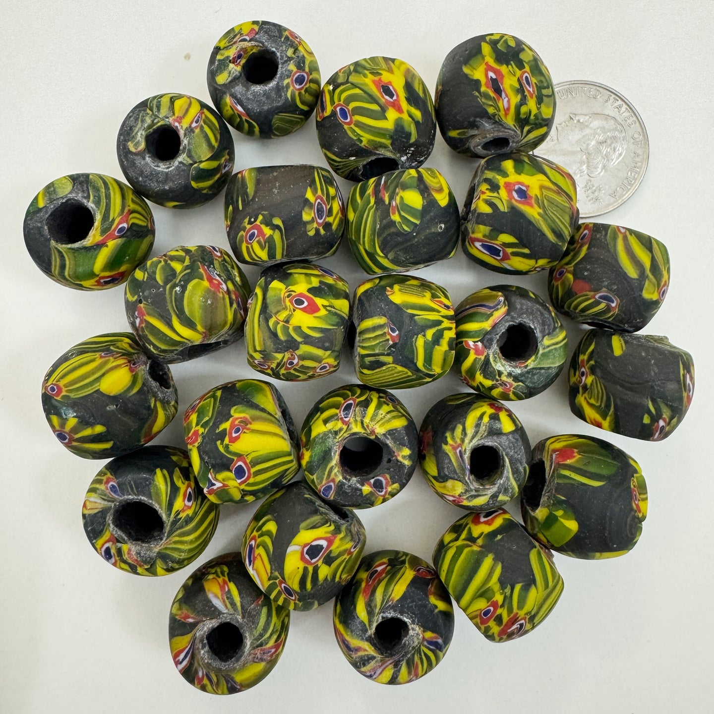 matte yellow green red white blue black millefiori motif, vintage look glass, 19x16mm rondelle mix, sold per bead