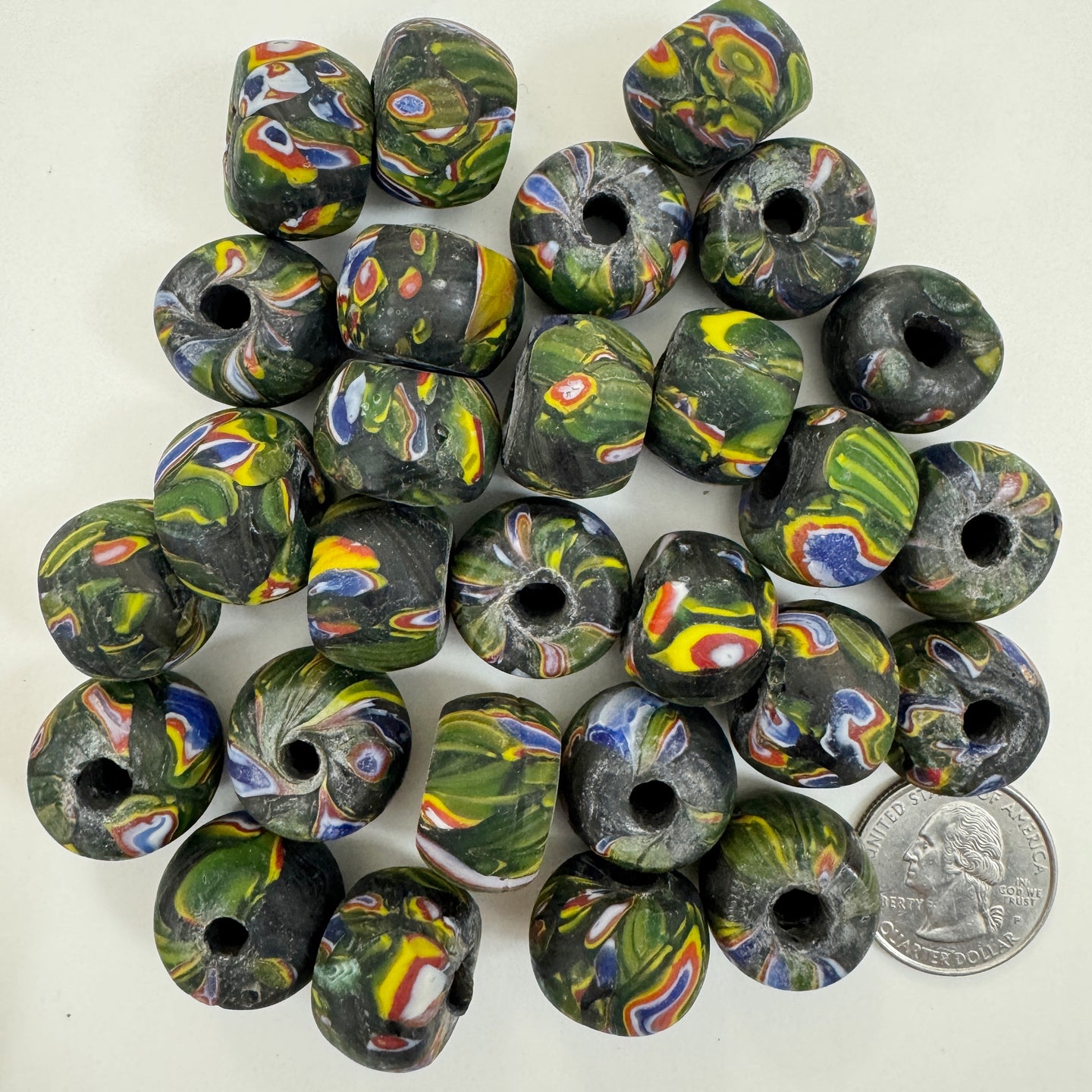 matte yellow green red white blue black millefiori motif, vintage look glass, 19x13mm rondelle mix, sold per bead