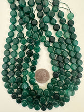 dark emerald green color enhanced quartz, 10x10x6mm coin, 15" strand, 5 strand closeout lot