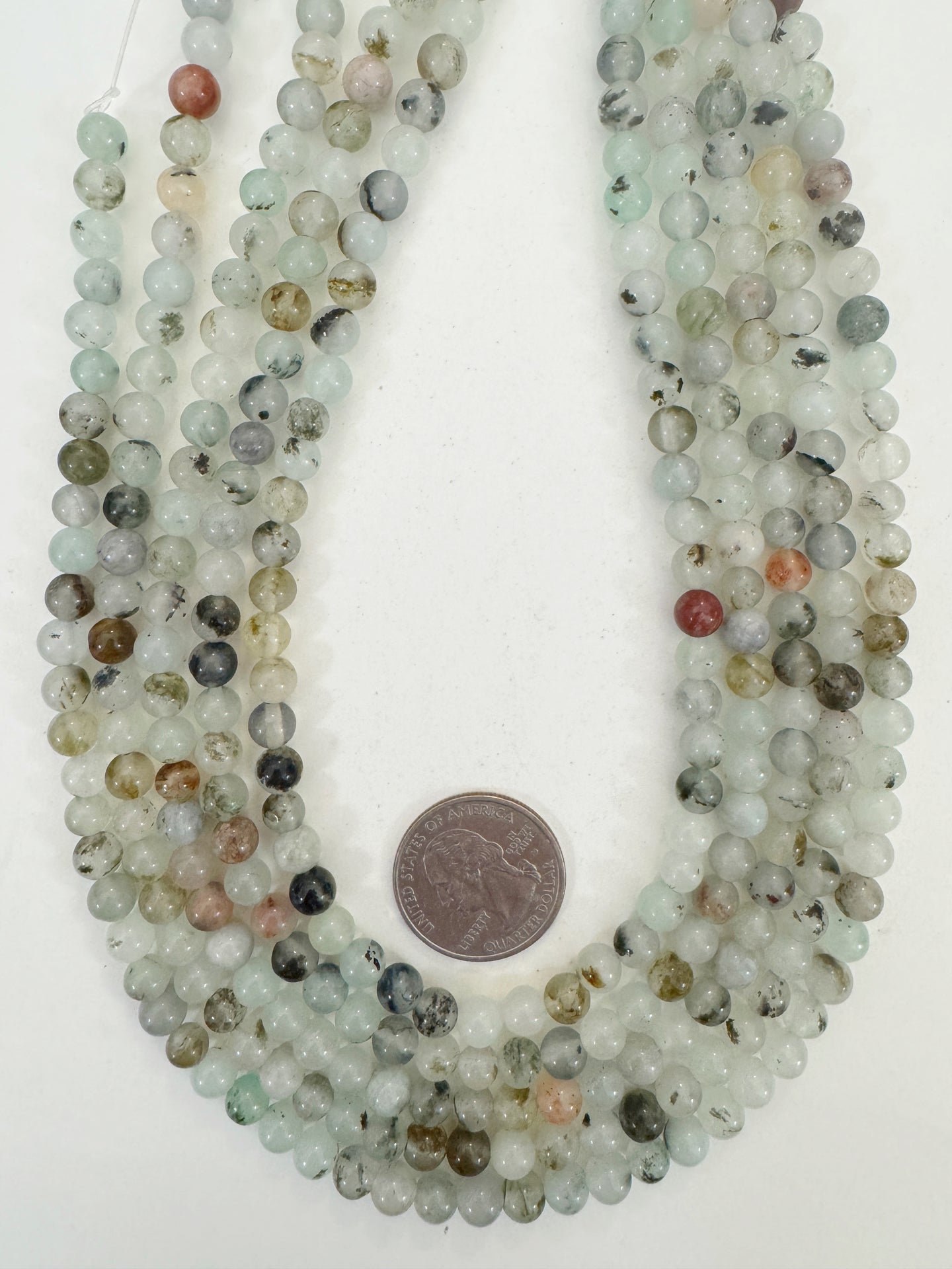 orange pale mint green off white enhanced quartz, 6mm round, 15