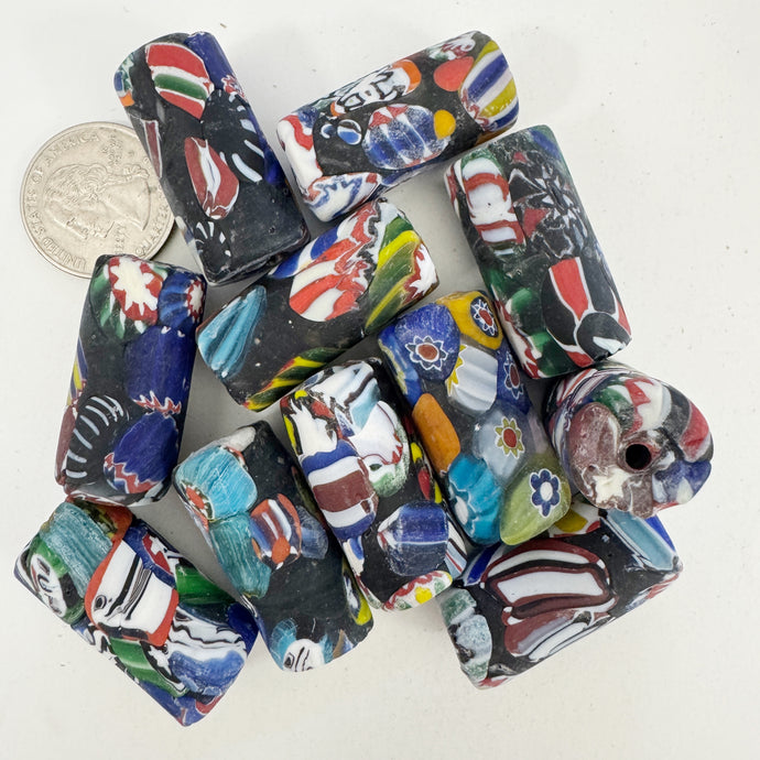 matte multi color millefiori motif, vintage look glass, 35x16mm tube mix, sold per bead