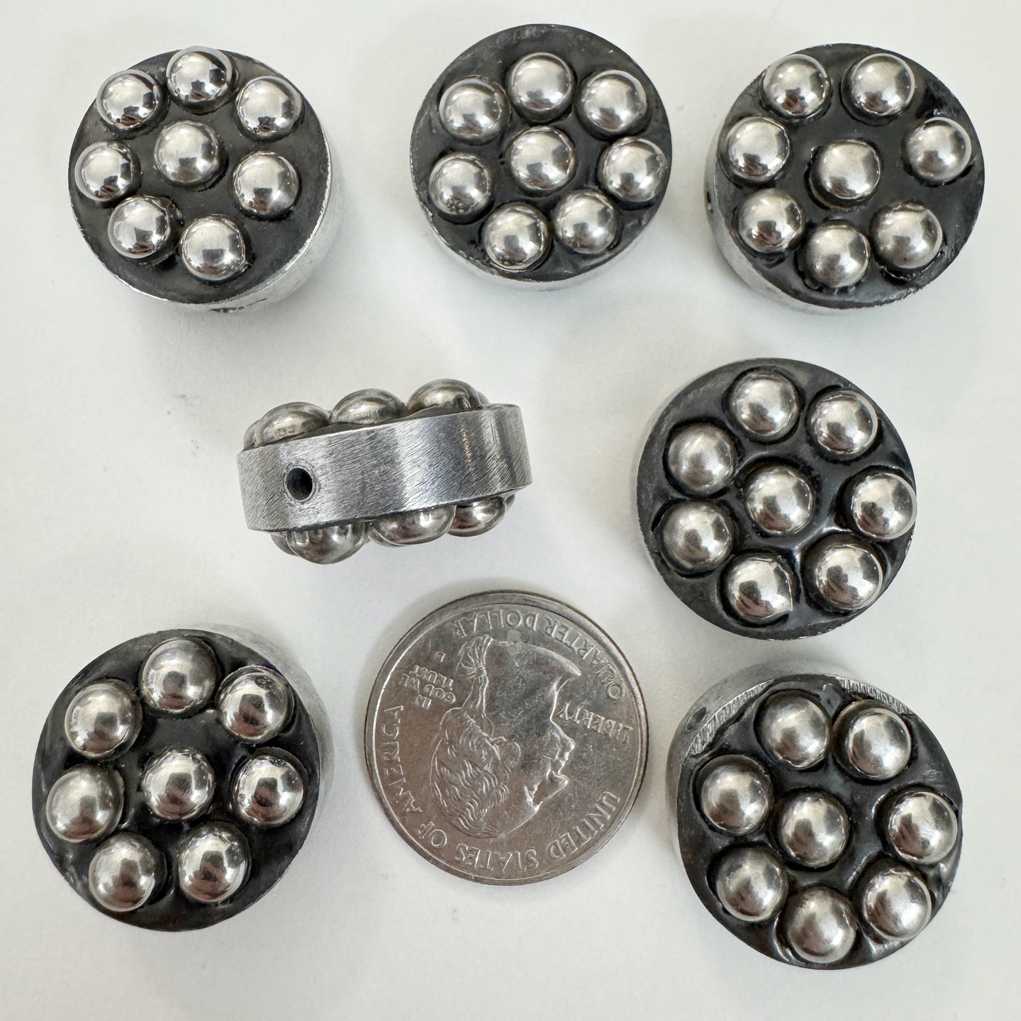 antique silver plated metal, dotted motif, vintage stock metal, 21x21x12mm coin, sold per bead