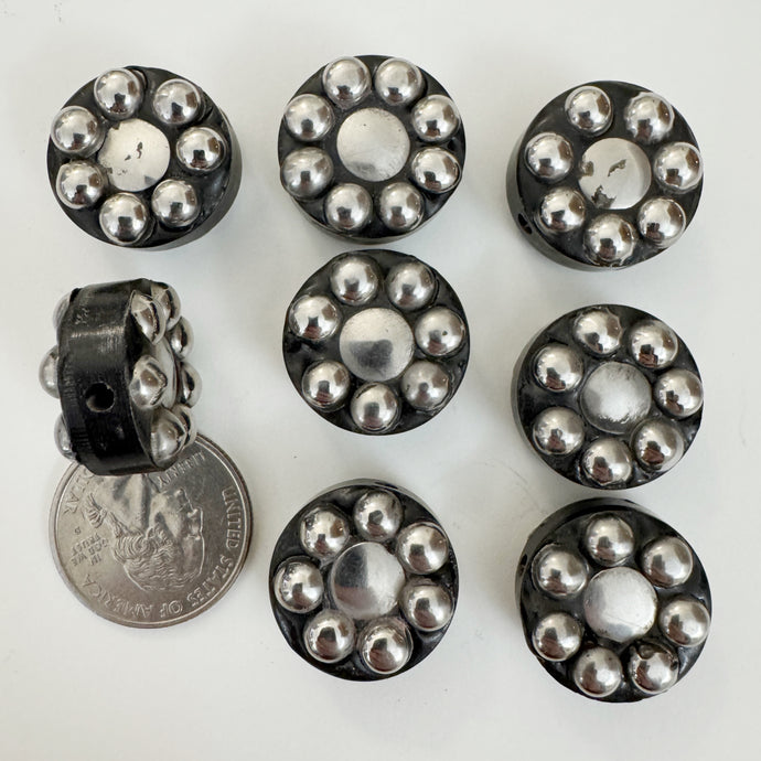 antique silver plated metal, black buffalo horn, dotted motif, vintage stock metal, 20x20x11mm coin, sold per bead