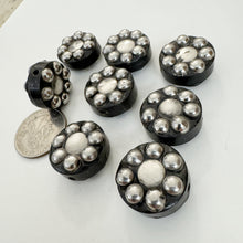 antique silver plated metal, black buffalo horn, dotted motif, vintage stock metal, 20x20x11mm coin, sold per bead