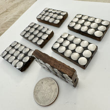 antique silver plated metal, wood, dotted motif, vintage stock metal, 43x26x8mm rectangle, sold per bead