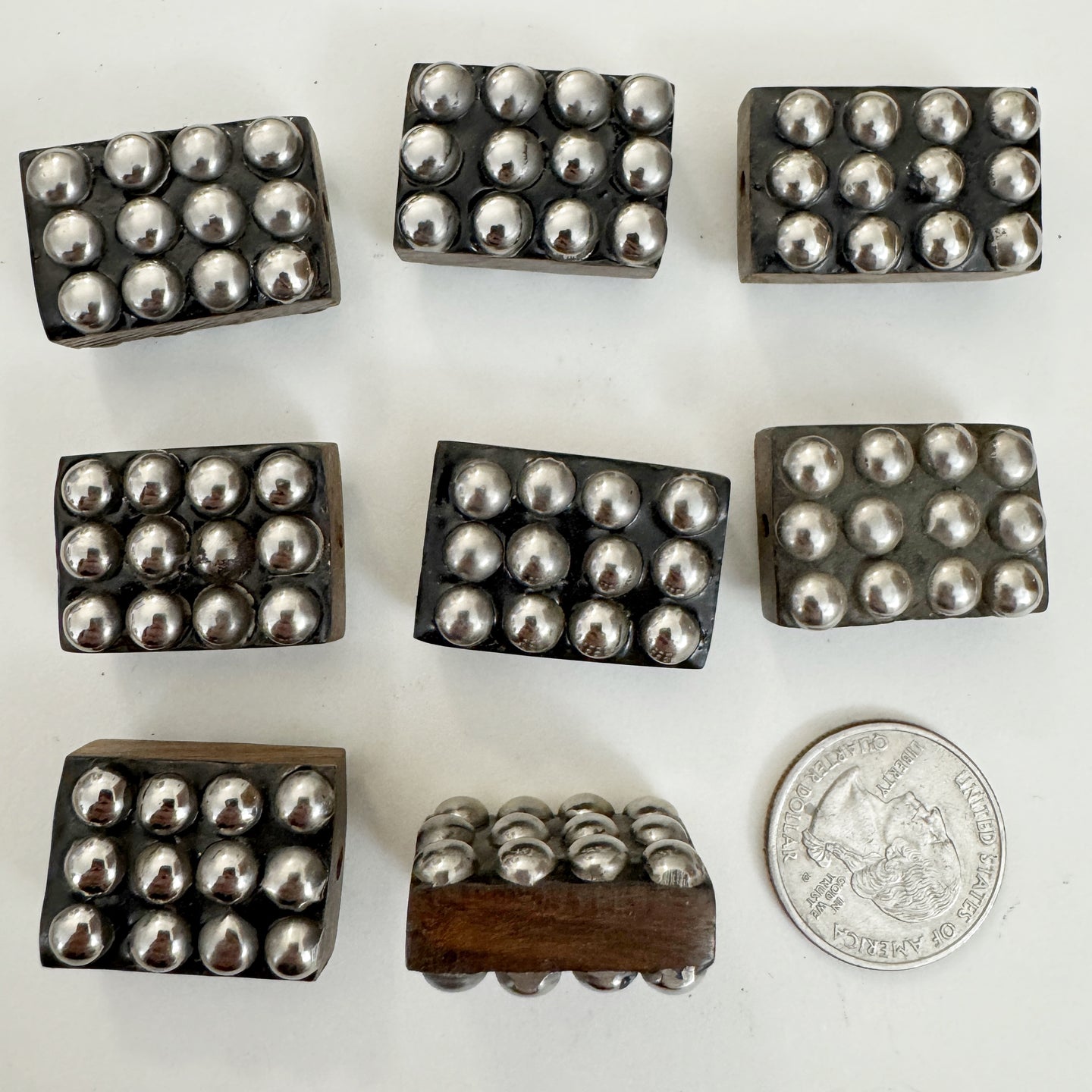 antique silver plated metal, wood, dotted motif, vintage stock metal, 26x18x12mm rectangle, sold per bead