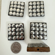 antique silver plated metal, wood, dotted motif, vintage stock metal, 37x37x8mm square, sold per bead