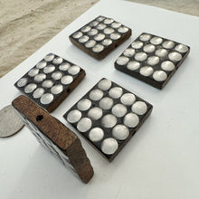 antique silver plated metal, wood, dotted motif, vintage stock metal, 37x37x8mm square, sold per bead