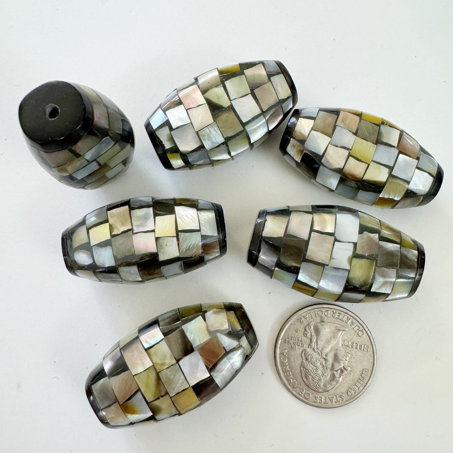 yellow mother of pearl, mosaic shell motif, vintage stock, 38x20x14mm oval, sold per bead