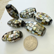 yellow mother of pearl, mosaic shell motif, vintage stock, 38x20x14mm oval, sold per bead
