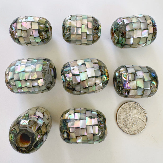 mother of pearl, abalone, mosaic shell motif, vintage stock, 29-36mm barrel assorted sizes, sold per bead