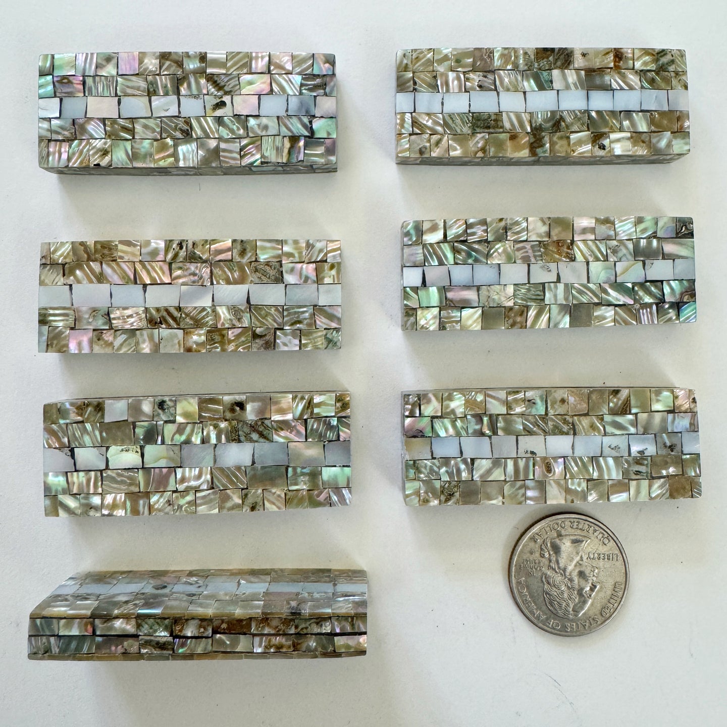 abalone, mother of pearl, mosaic shell motif, vintage stock, 57x22x9mm rectangle, sold per bead