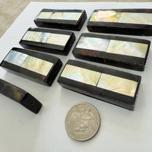 yellow mother of pearl, purple shell, mosaic shell motif, vintage stock, 57x22x9mm rectangle, sold per bead, sharper edges batch