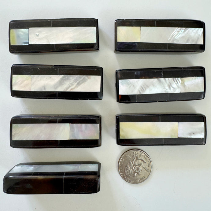 yellow mother of pearl, purple shell, mosaic shell motif, vintage stock, 59x22x12mm rectangle, sold per bead, smoother edges batch