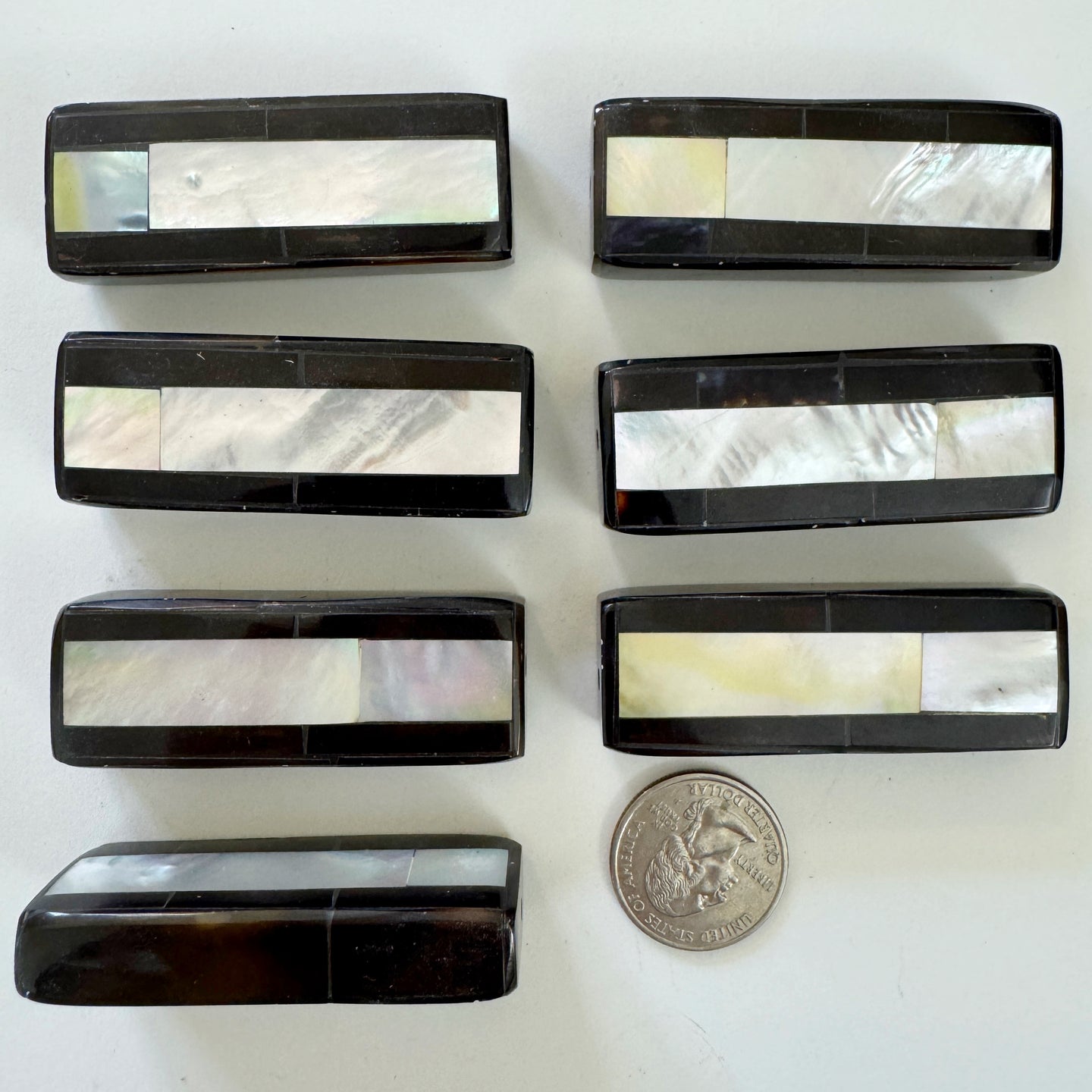 yellow mother of pearl, purple shell, mosaic shell motif, vintage stock, 59x22x12mm rectangle, sold per bead, smoother edges batch