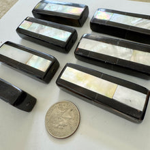 yellow mother of pearl, purple shell, mosaic shell motif, vintage stock, 59x22x12mm rectangle, sold per bead, smoother edges batch