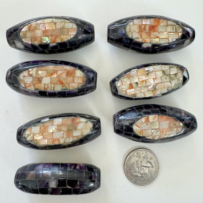 red mother of pearl, purple shell, mosaic shell motif, vintage stock, 50-54mm oval assorted sizes, sold per bead
