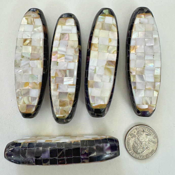 yellow mother of pearl, purple shell, mosaic shell motif, vintage stock, 73x23x14mm oval assorted sizes, sold per bead