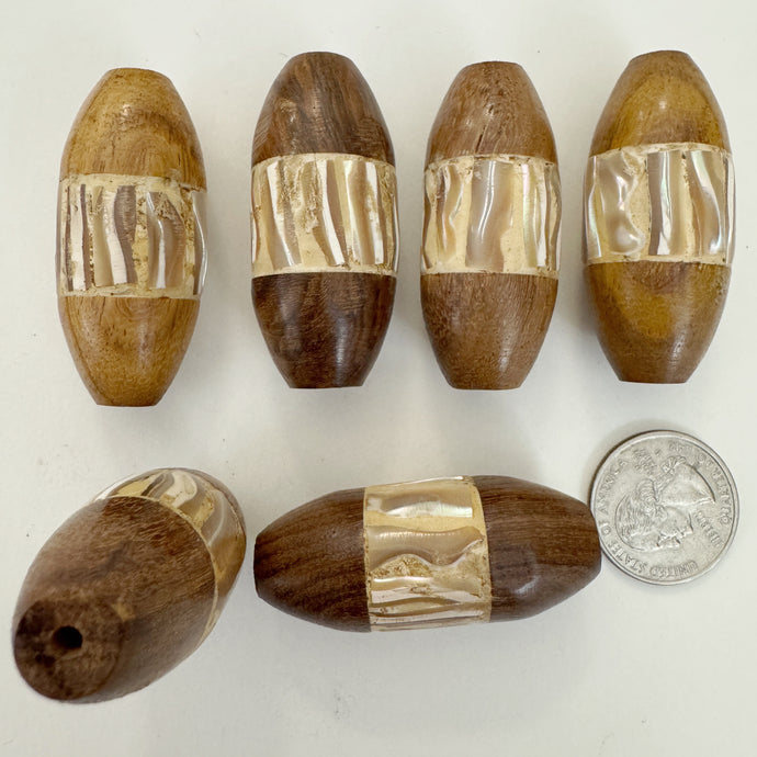 wood, mother of pearl shell inlay, vintage stock, 48x21mm bowed tube, sold per bead