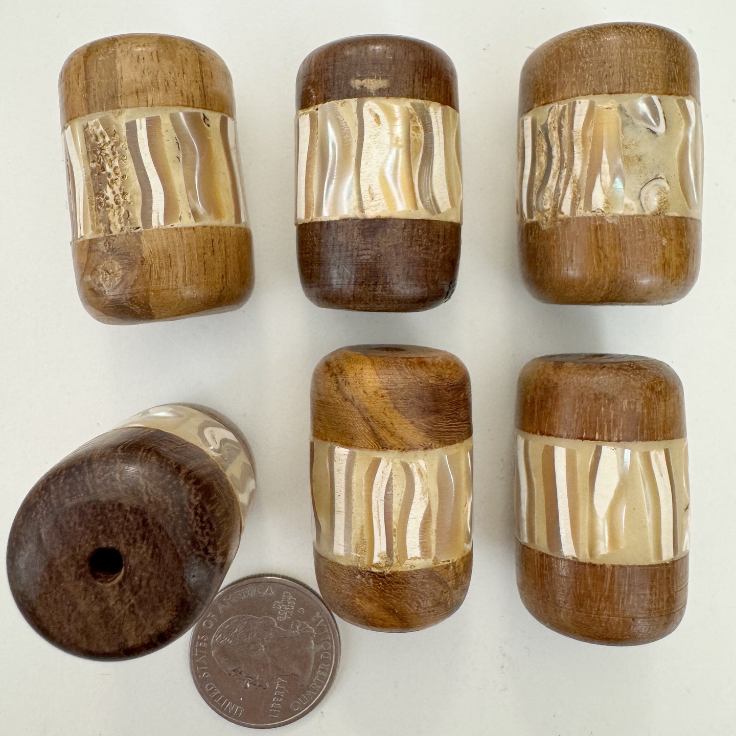 wood, mother of pearl shell inlay, vintage stock, 39x25mm barrel tube, sold per bead