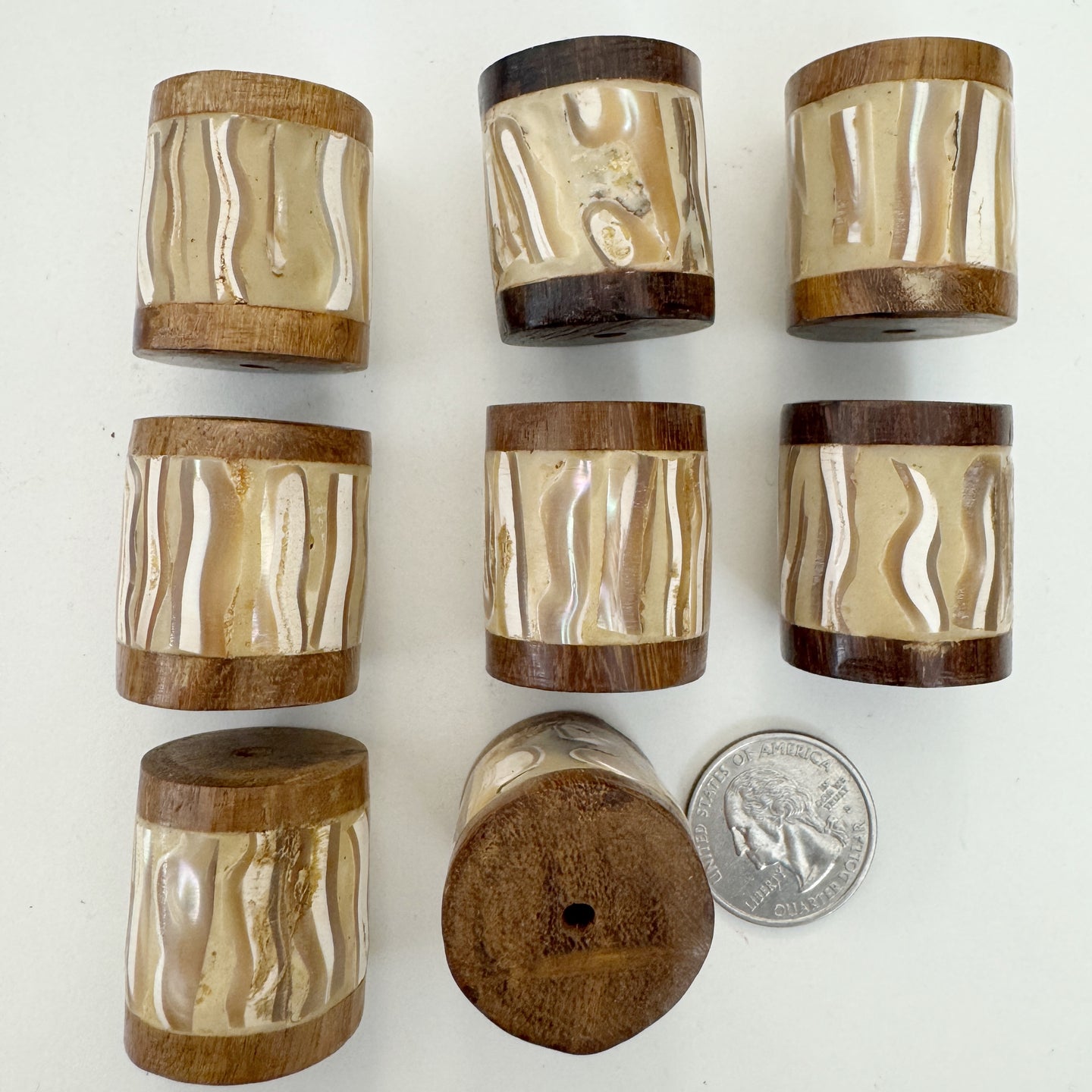 wood, mother of pearl shell inlay, vintage stock, 30x26mm barrel, sold per bead