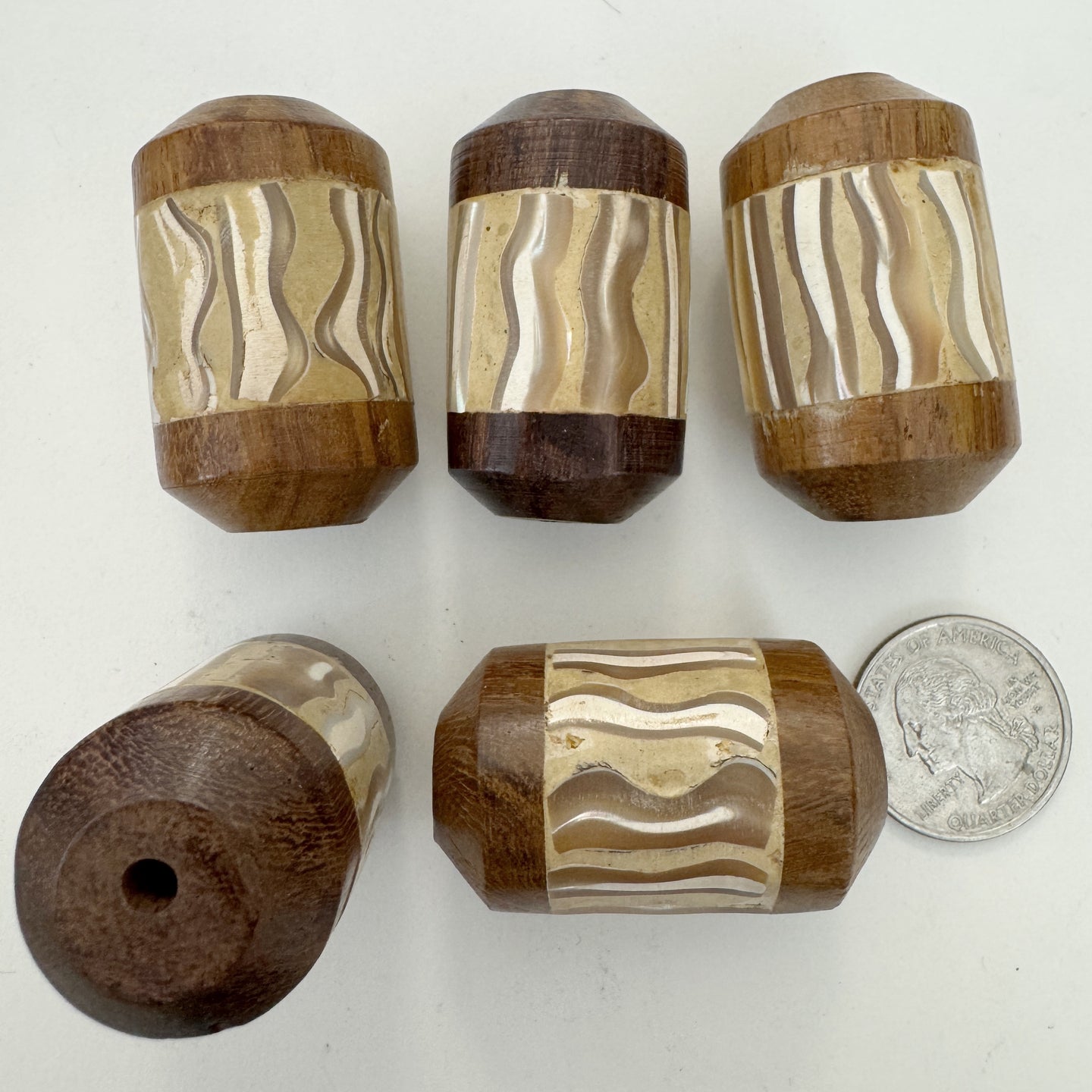 wood, mother of pearl shell inlay, vintage stock, 41x25mm filed point bicone top barrel tube, sold per bead