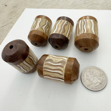 wood, mother of pearl shell inlay, vintage stock, 41x25mm filed point bicone top barrel tube, sold per bead