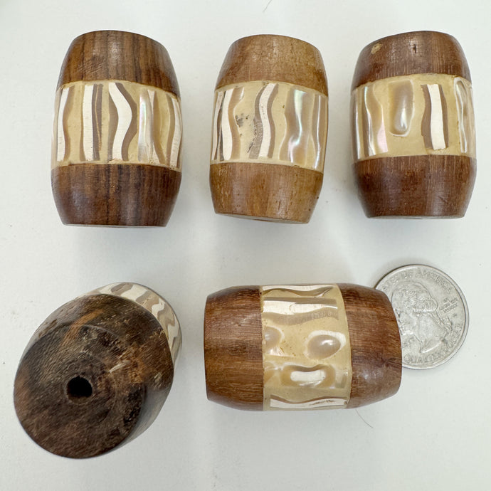 wood, mother of pearl shell inlay, vintage stock, 40x28mm filed rounded point top barrel tube, sold per bead