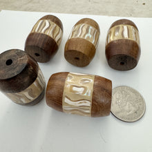 wood, mother of pearl shell inlay, vintage stock, 40x28mm filed rounded point top barrel tube, sold per bead