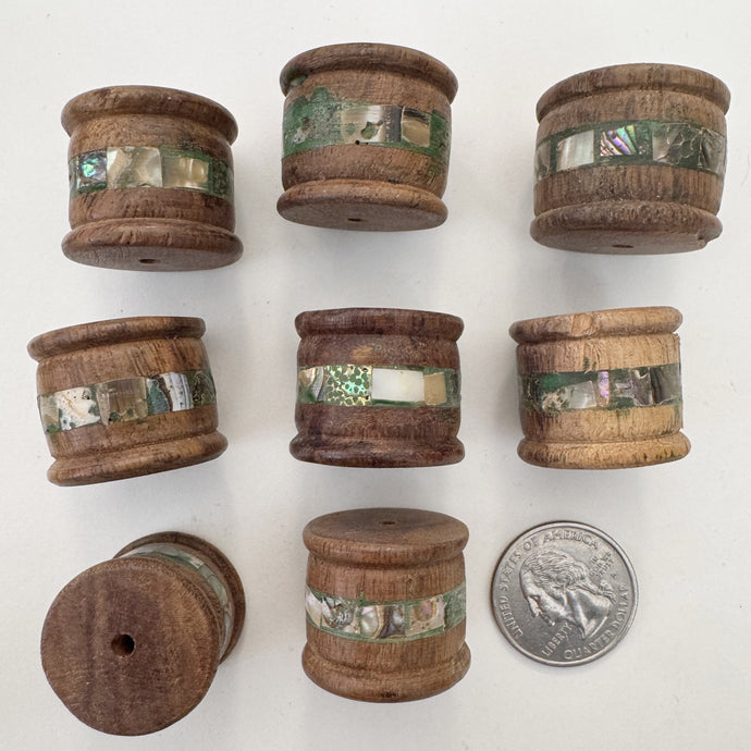 wood, mother of pearl shell inlay, vintage stock, 25x21mm rondelle, sold per bead