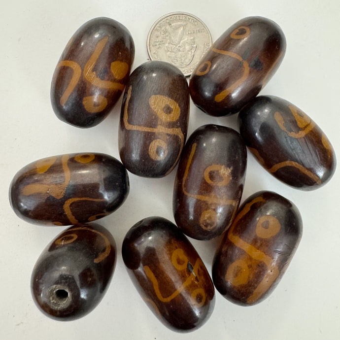 brown dark amber, circle bent line motif, faux bone look, vintage stock resin, 38x22mm tube, sold per bead