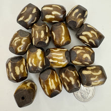 brown off white, curled lines motif, faux bone look, vintage stock resin, 24x18mm barrel, sold per bead