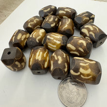 brown off white, curled lines motif, faux bone look, vintage stock resin, 24x18mm barrel, sold per bead